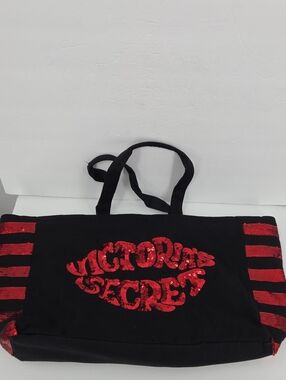 Victoria's Secret Black Tote with Red Sequin Logo and Stripe Panels